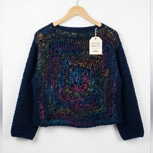 Handmade Crochet Hexagon Shrug Sweater - Navy Blue Boho Cropped Cardigan -M/L